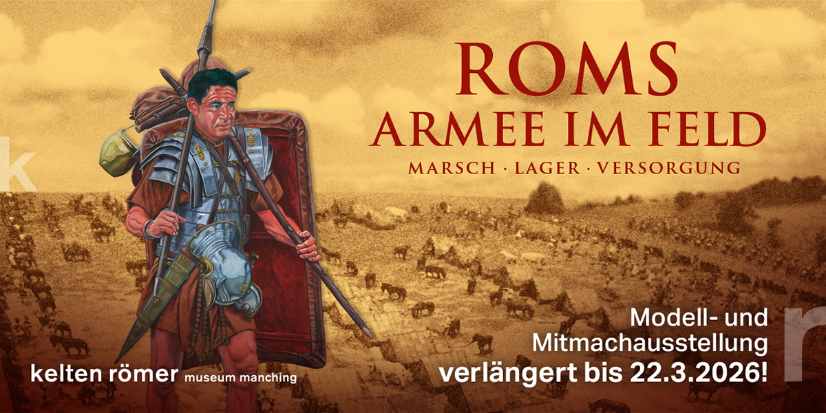Cover des Faltblatts zur Sonderausstellung »Roms Armee im Feld« mit Verlängerung bis zum 22.03.2026.