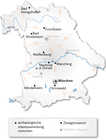 Karte Bayerns mit den Standorten der Archäologischen Staatssammlung und ihrer Zweigmuseen.